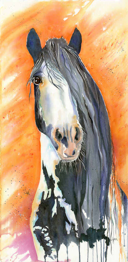King Rocky by Lynn Shield  Image: Black & white Gypsy Cobb horse, painted with Brusho in bright orange, grey and black.