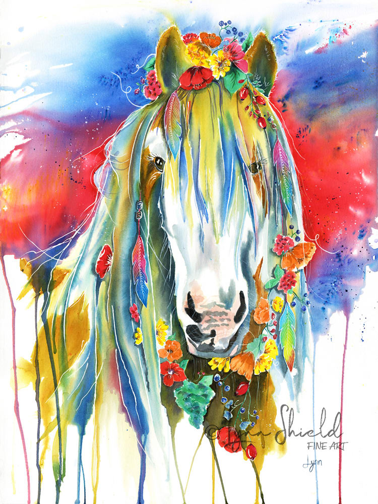 The Bride by Lynn Shield  Image: Beautiful mare on her spring wedding day. Painted with Brusho in beautiful shades of rose red, sandstone, yellow ochre, and aquamarine, with a pop of orange and pink. 