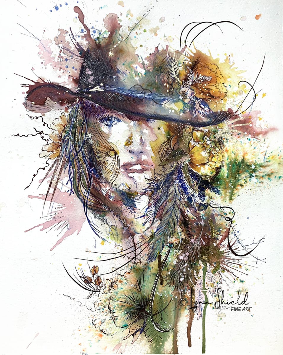 Wild at Heart by Lynn Shield  Image: Mixed media painting of cowgirl in cowboy hat.