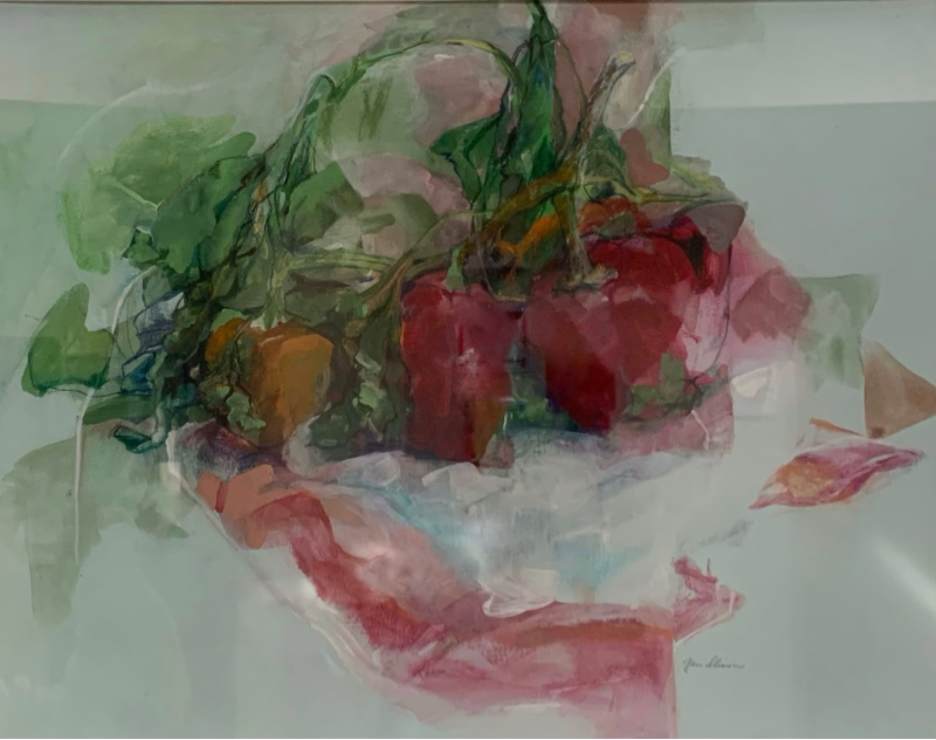 Peppers on a Striped Cloth by Jane Slimon 