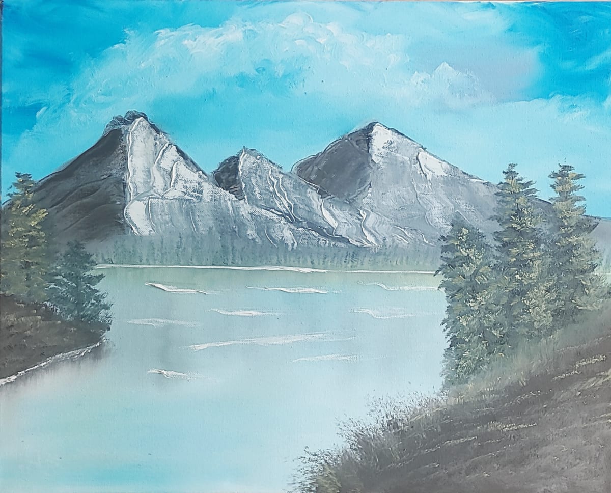 Bob Ross style mountain scene (NOT my design) by Wilmington Art Gallery  Image: Bob Ross style mountain scene (NOT my design)