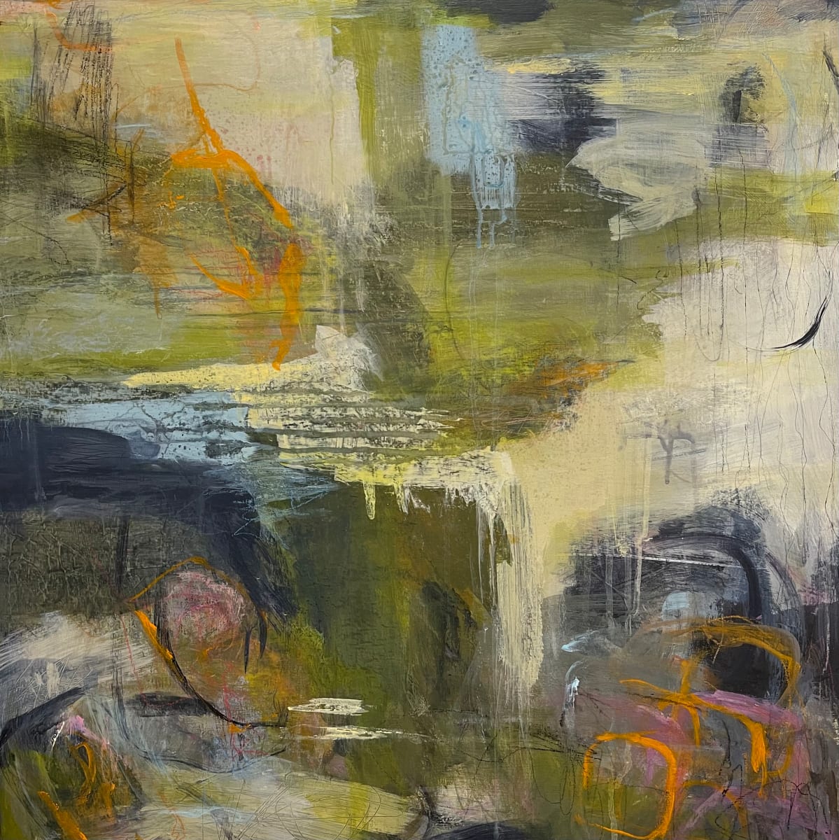 Creek, No Paddle by Kelly Dillard  Image: Have you ever  felt like you were up a creek with no paddle?  Sometimes you just have to keep paddling to make it thru the rough waters.  This abstract painting is inspired by paddling in rocky water. Abstract expressionism in earth tones of greens, grey, blue, and yellow.