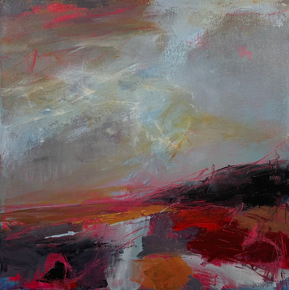 Fire in the Mountains by Kelly Dillard  Image: Expressions of a mountain and valley in vibrant pinks and muted greys.