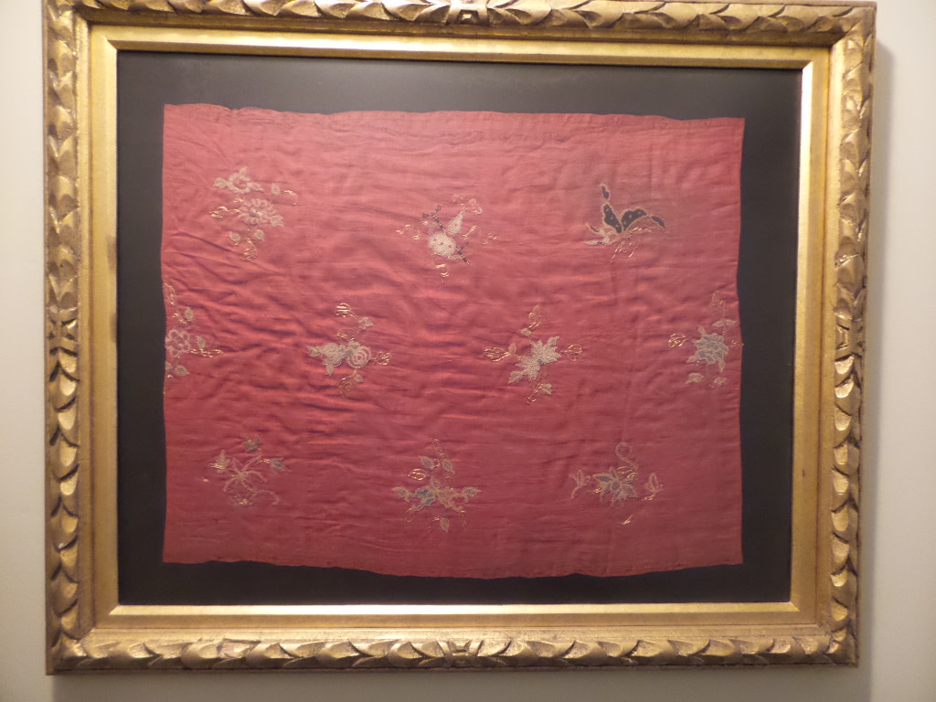 Asian Antique Chinese Embroidered Red Silk Lantern Cover Behind Museum Glass in a Gold Gilt Frame by Tristina Dietz Elmes 