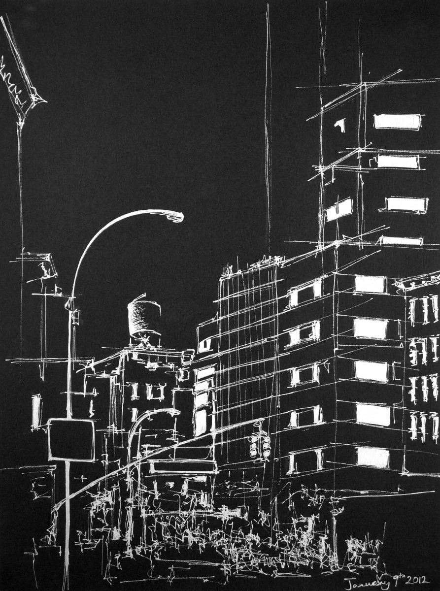 Water Towers & Street Lamps by Helen Dennis Studio  Image: Original and unique drawing created with iridescent silver pen on black paper. Inspired by the urban architecture of New York City. 

This piece was created in a series of images depicting buildings in NYC during a time I was creating drawings for Tiffany & Co. depicting their New York City flagship location.