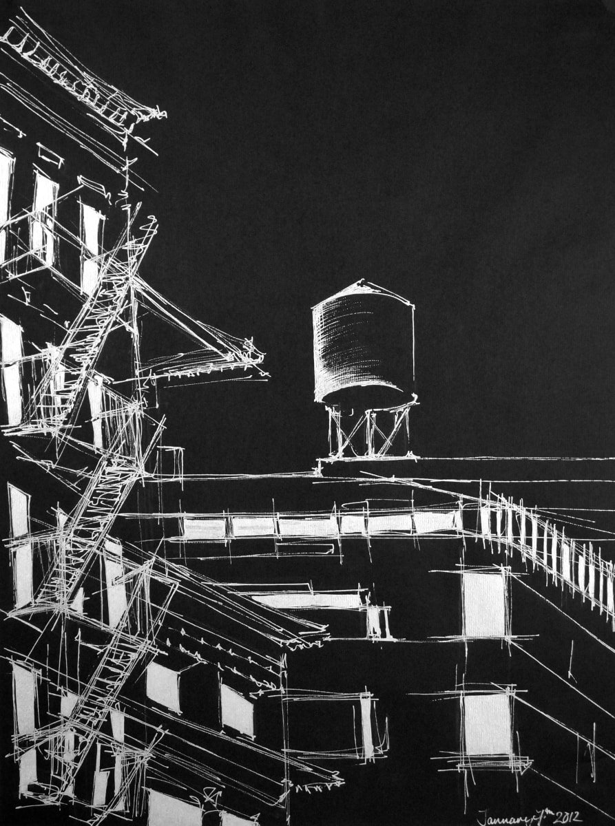 Fire Escapes & Water Towers by Helen Dennis Studio  Image: Original and unique drawing created with iridescent silver pen on black paper. Inspired by the urban architecture of New York City. 

This piece was created in a series of images depicting buildings in NYC during a time I was creating drawings for Tiffany & Co. depicting their New York City flagship location.