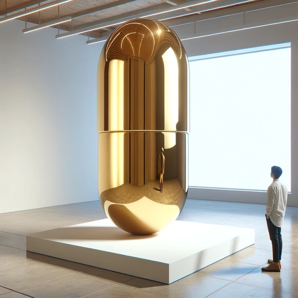 Gold Pill by Brendon McNaughton  Image: This is a rendering of the "Gold Pill" sculpture. It can be produced for a collector who desires to commission the work. 