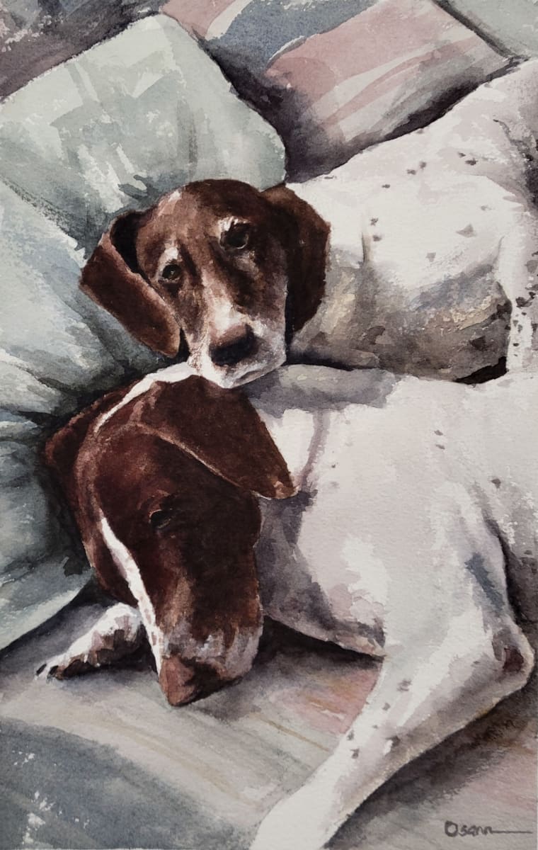Penny & Tizzy by Rick Osann Art  Image: Two beautiful German Short Hair Pointers cuddle on the sofa.