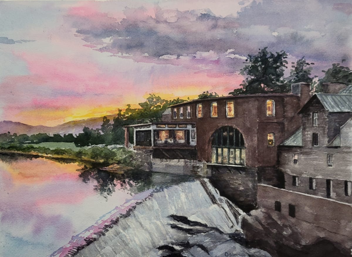 Quechee Bridge Sunset by Rick Osann Art  Image: Sunset over the Quechee Bridge and Simon Pierce workshop.