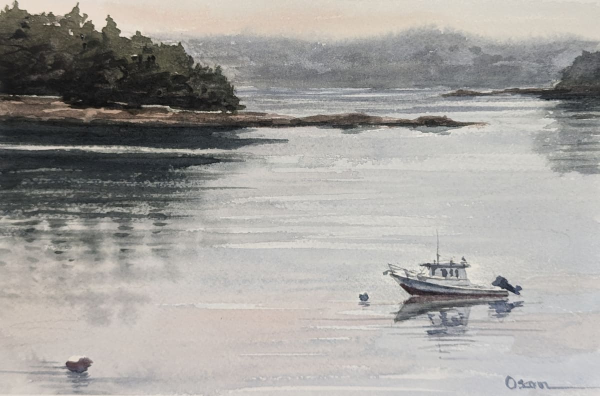 At Rest by Rick Osann Art  Image:  A boat rests quietly in the harbor on a foggy day.