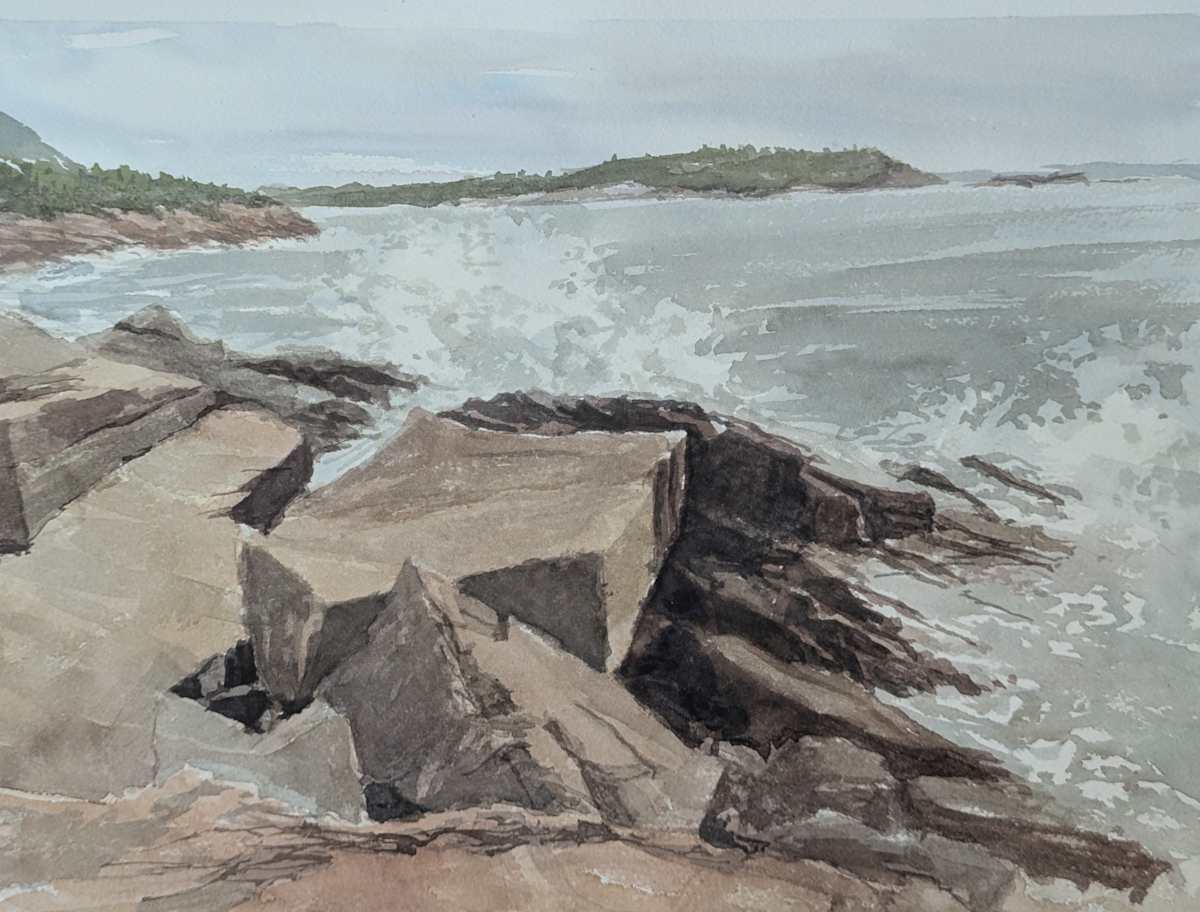 Crash & Splash by Rick Osann Art  Image: Waves splash against a crash of rocks on a cloudy, stormy day.