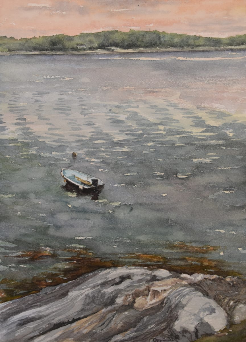 Lonely Skiff by Rick Osann Art  Image: A lone rowboat sits off the rocks on a quiet summer evening.