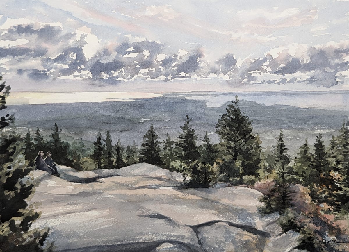 Enjoying the View by Rick Osann Art  Image: A couple rests on a ledge overlooking the view south from Beech Mountain.