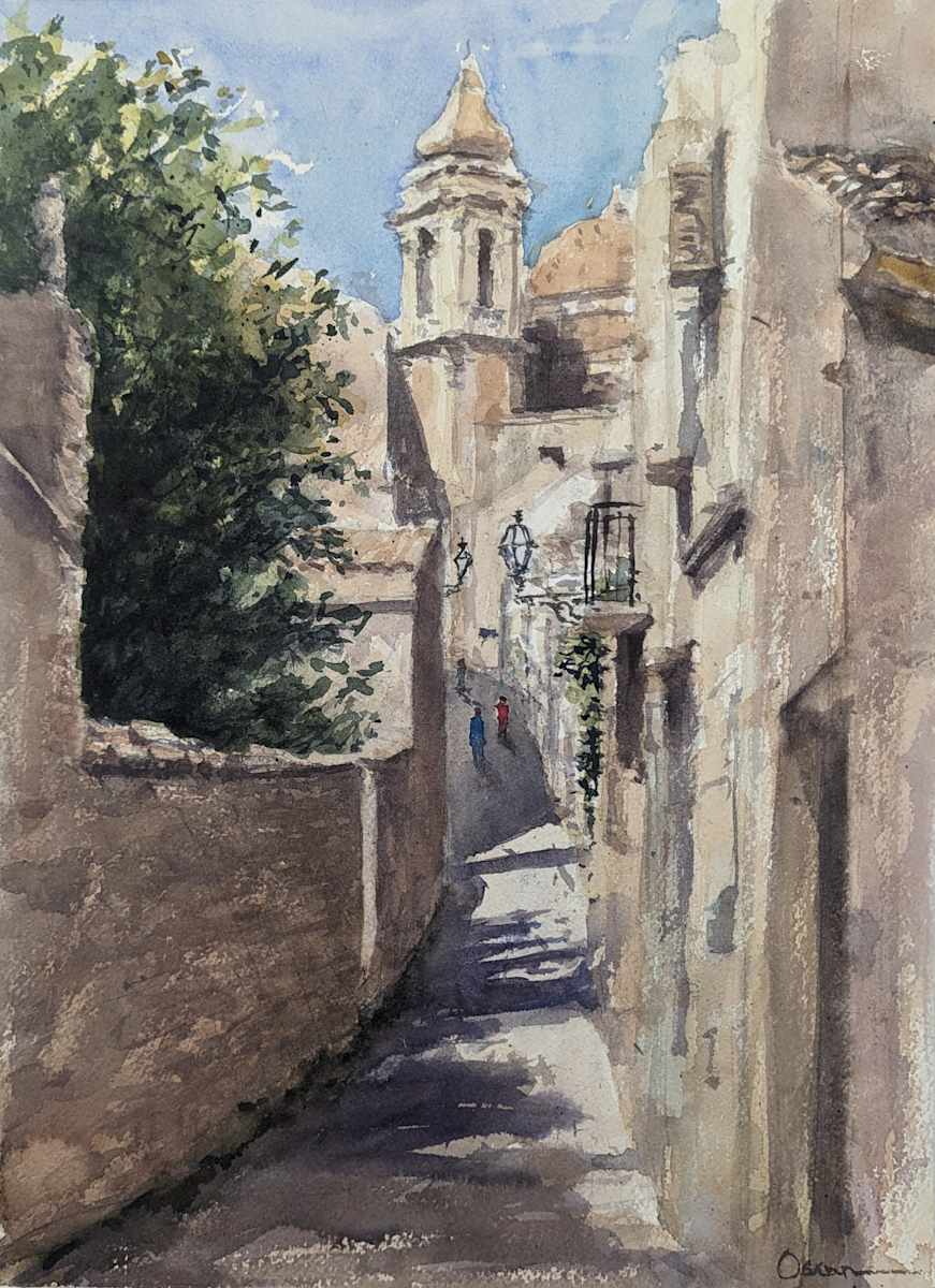 Erice Street Sicily by Rick Osann Art  Image: A bell tower stands above a narrow street in the cliffside town of Erice, Sicily.