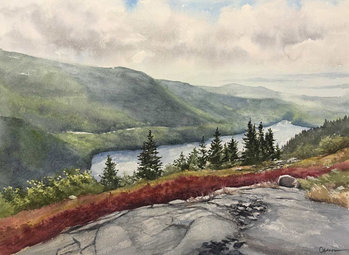 Huckleberry Streak by Rick Osann Art  Image: A streak of red autumn huckleberry slashes across the ledge above Jordan Pond.