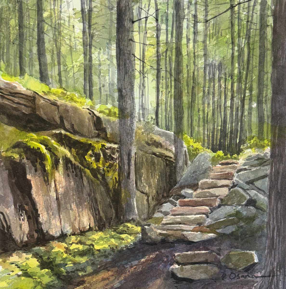 Cliffside Steps by Rick Osann Art  Image: A ray of sunlight highlights a series of steps beside a moss-covered ledge. 