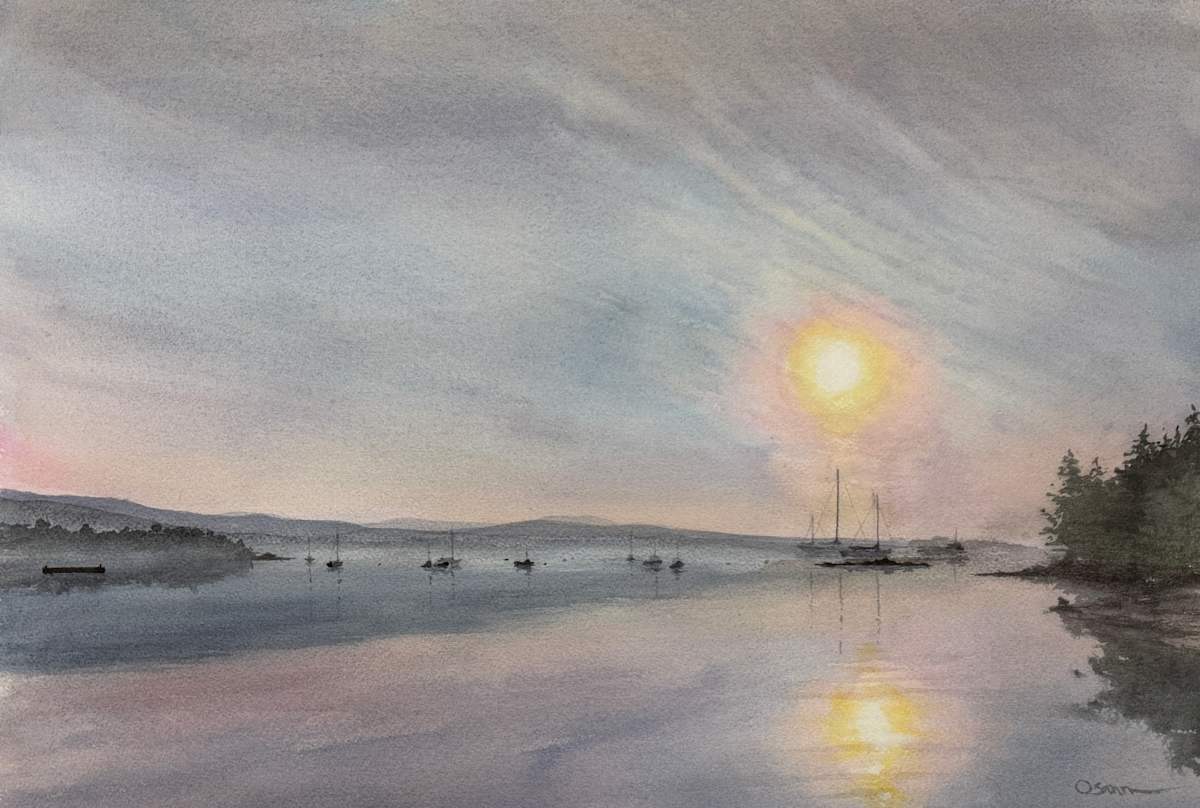 Silent Haze by Rick Osann Art  Image: The sun filters through the haze over a quiet harbor.