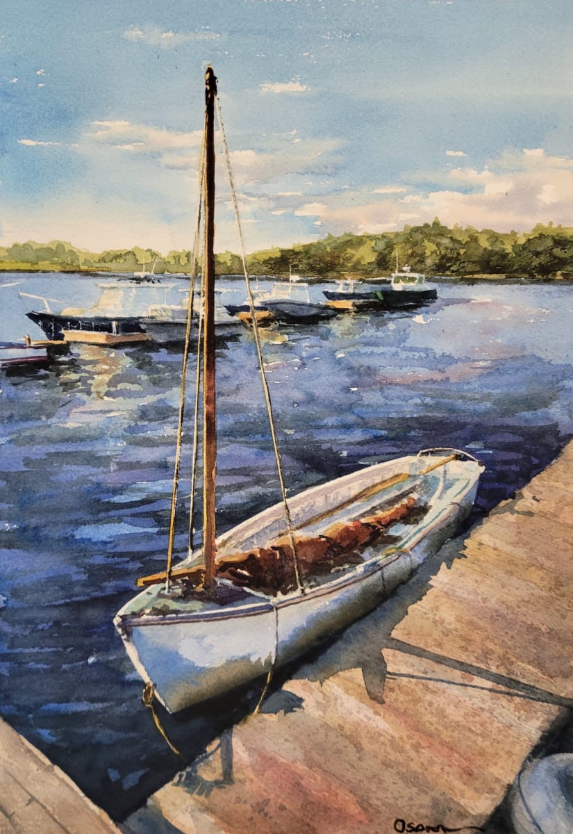 Lone Dory by Rick Osann Art  Image: A lone dory sits at the dock early in the evening awaiting tomorrow's sail.