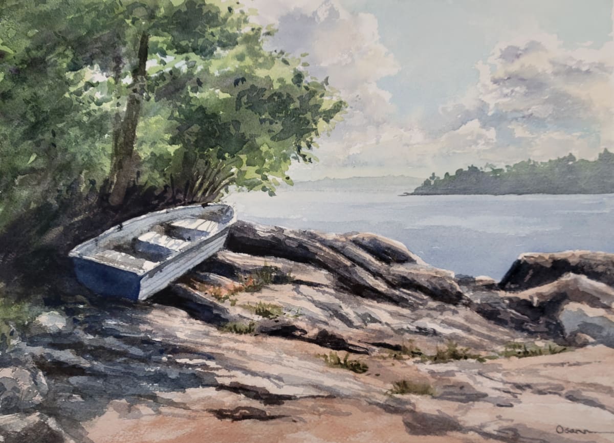On the Rocks by Rick Osann Art  Image: The late afternoon sun catches a rowboat on the rocks at low tide
