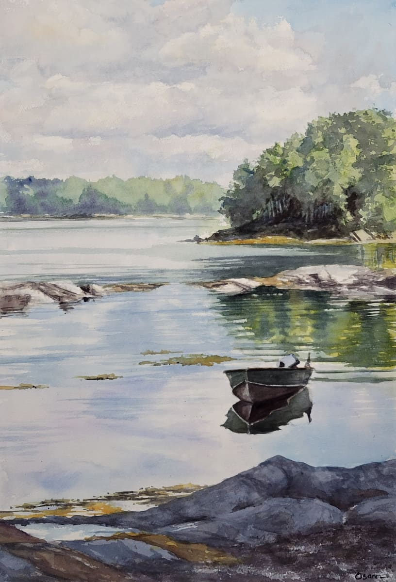 Peaceful Water by Rick Osann Art  Image: A lone boat rests just inside the shadow on a gorgeous Maine day.