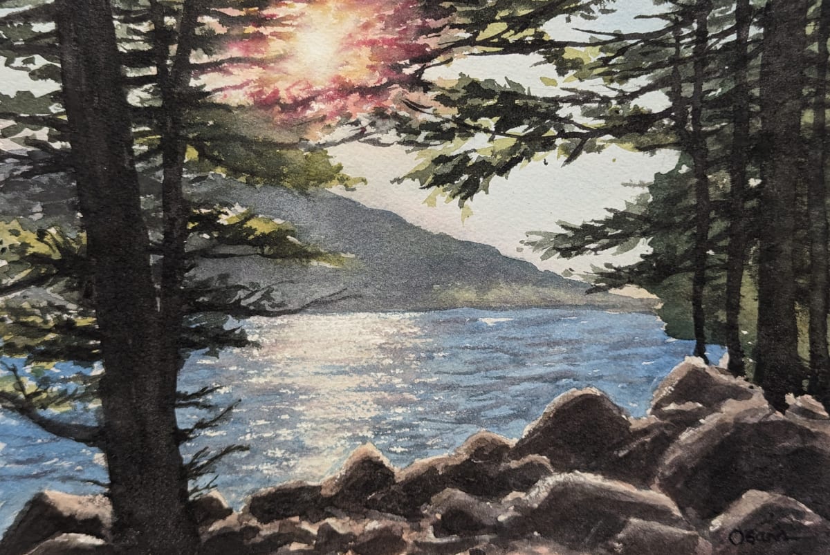 Late Sun by Rick Osann Art  Image: The late afternoon sun burns through the trees and reflects across the water of Jordan Pond.