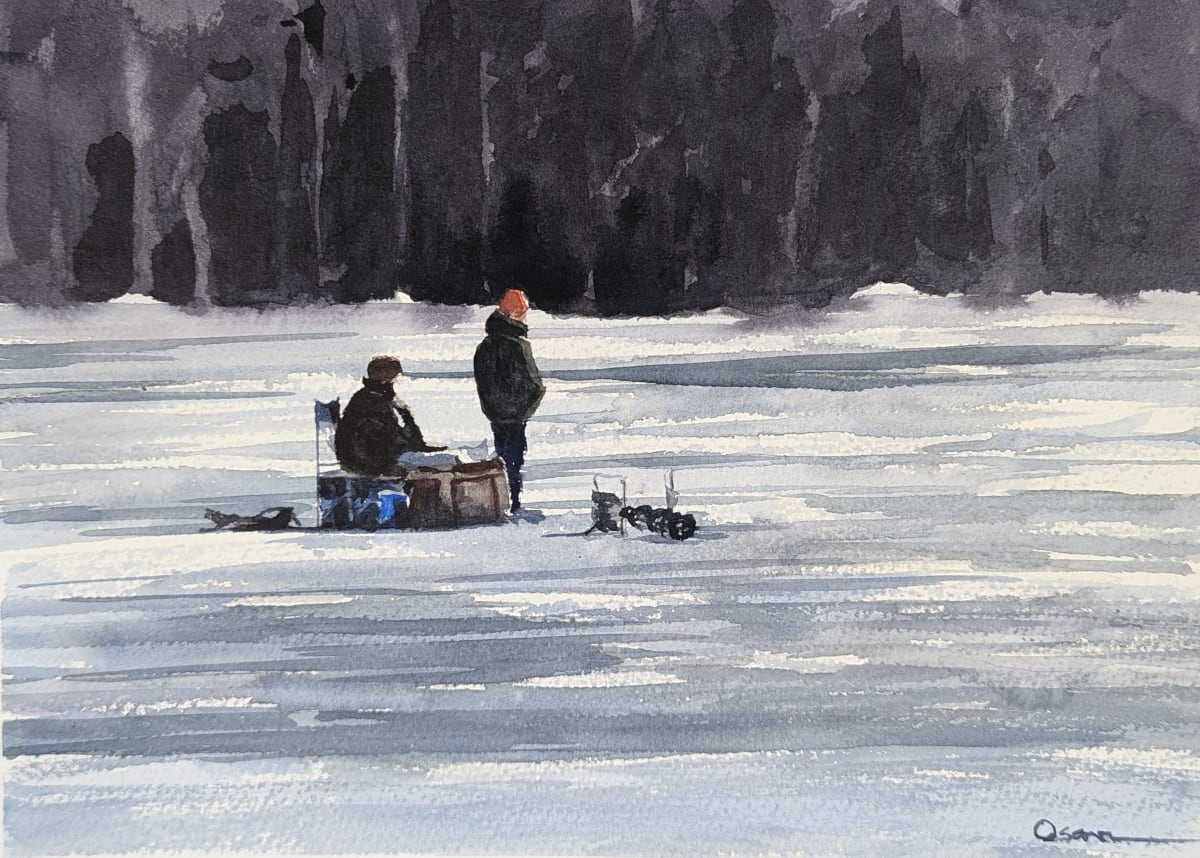 Waiting by Rick Osann Art  Image: Two friends ice fishing on Eagle Lake on a sunny day.