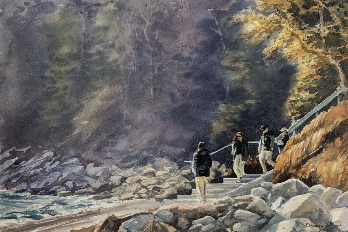 Winter Visitors by Rick Osann Art  Image: A group of visitors capture the bright, winter light on the stairs to Sand Beach.