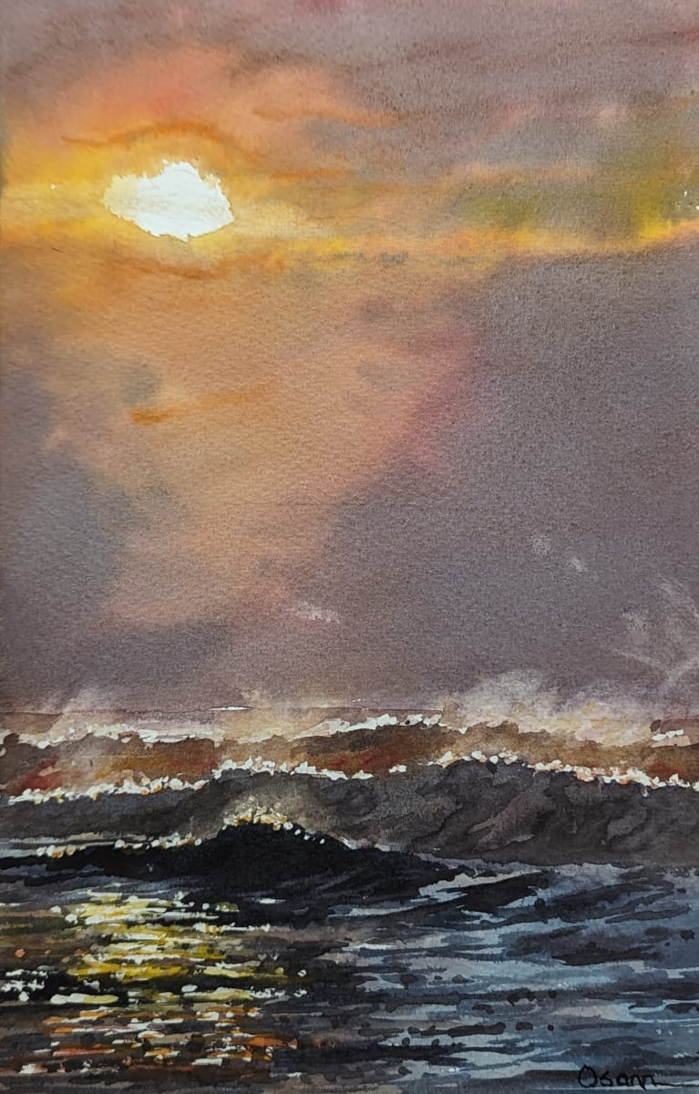 Waves at Sunset by Rick Osann Art  Image: Incoming waves catch the sunlight at sunset.