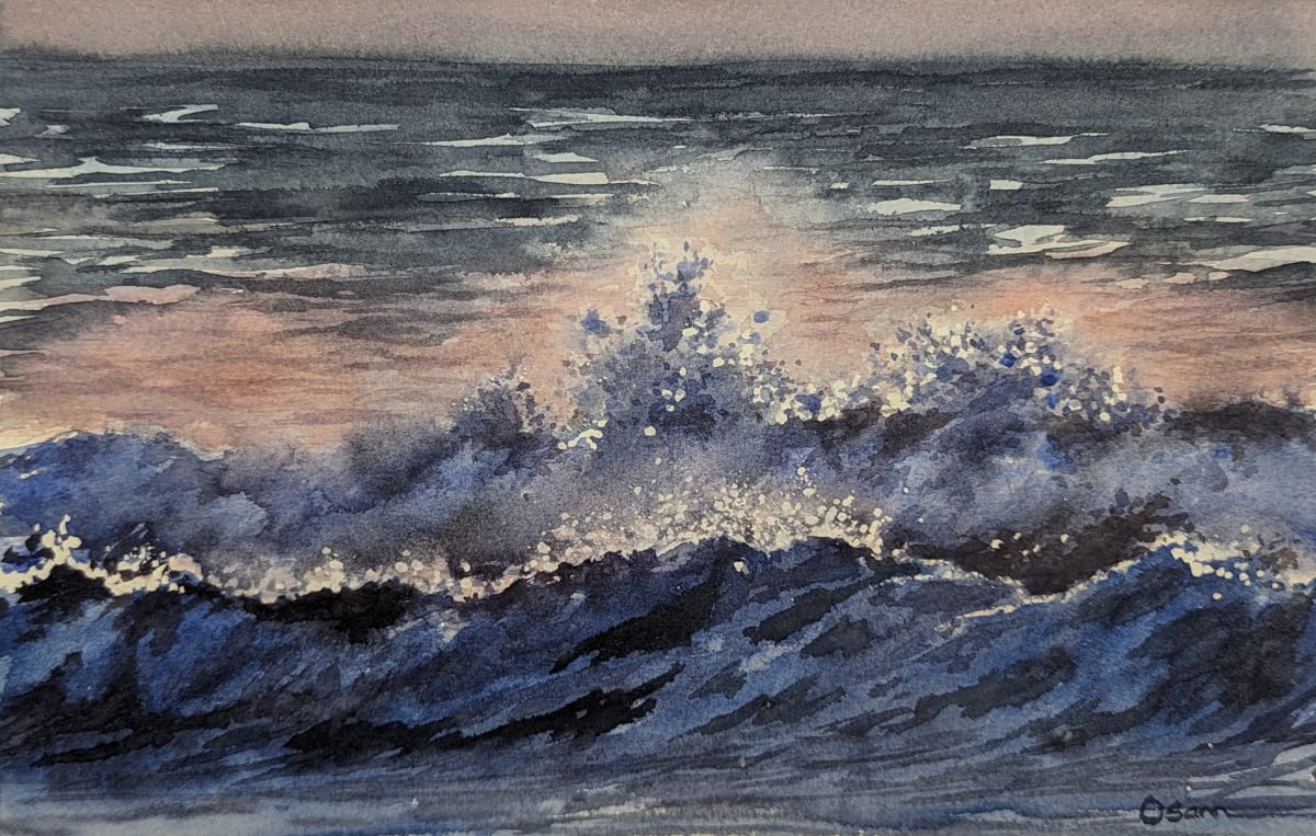 Two Waves by Rick Osann Art  Image: The mist above two waves catches the warm light on a stormy day.