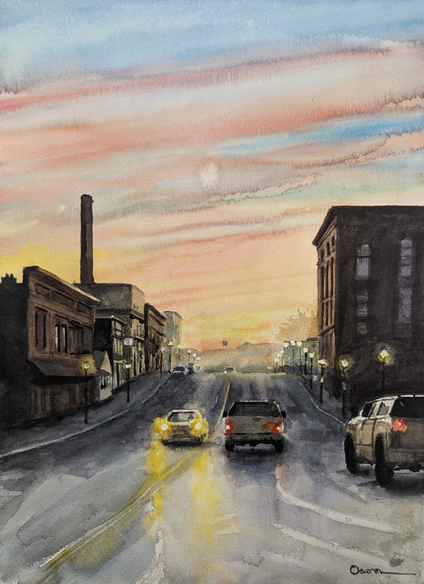 Main St. Sunset by Rick Osann Art  Image: After a storm passes, the sun sets over a wet Main St , Madison, Maine