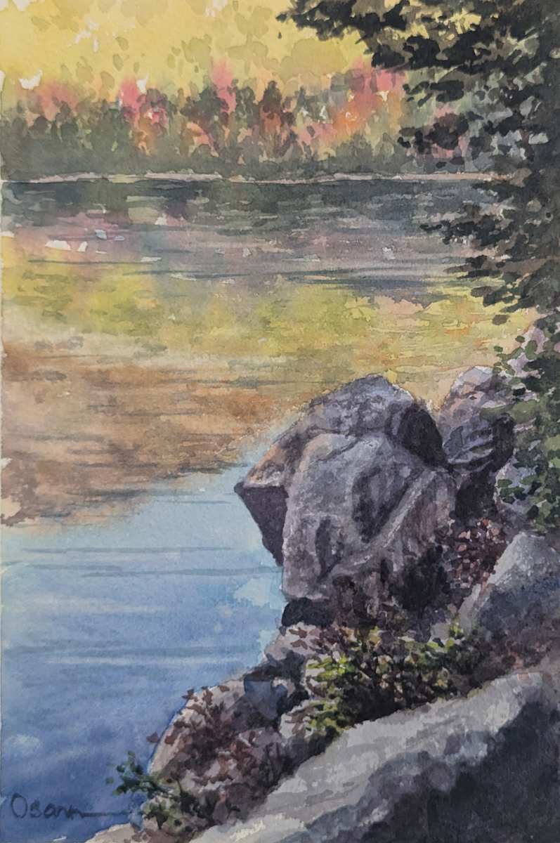 Sunset Across the Pond by Rick Osann Art  Image: The hillside, while at sunset, reflects across Bubble Pond in Acadia National Park.