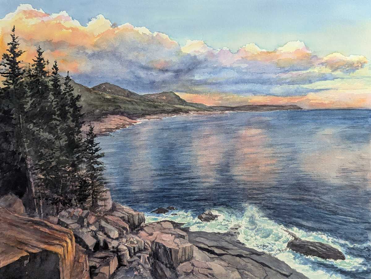 Sunset from the Cliffs by Rick Osann Art  Image: The late afternoon sun reflects off the clouds and into the water in this view from Otter Cliffs in Acadia National Park.