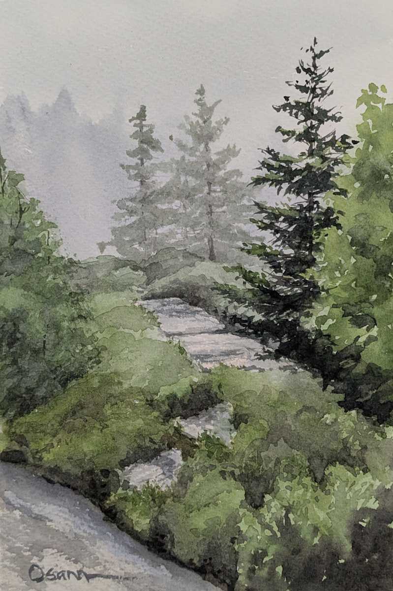 Fog on the Trail by Rick Osann Art  Image: The trail disappears into the woods on a foggy day.
