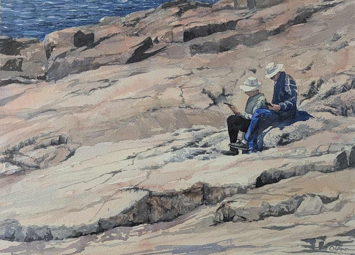 A Morning Break by Rick Osann Art  Image: A couple pause with their phones on a bright, sunny morning at Schoodic Point.