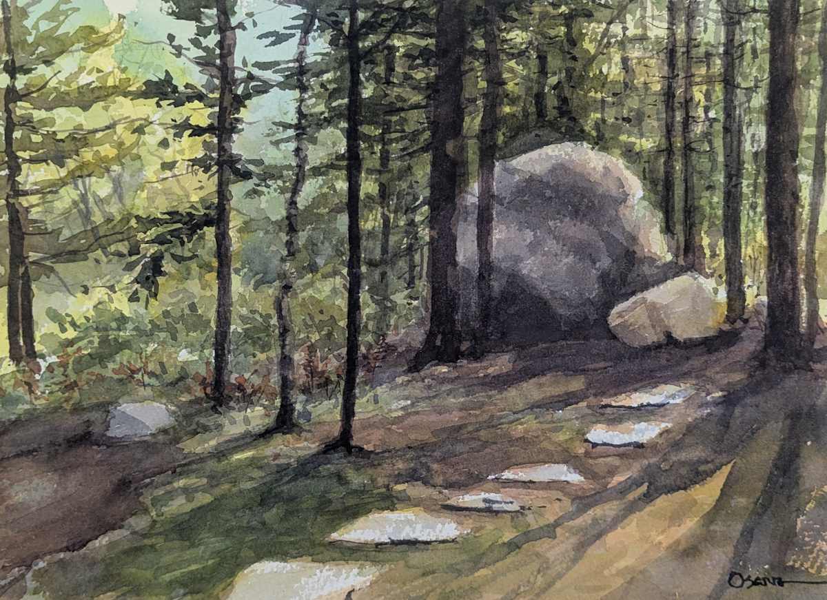 Garden Erratic by Rick Osann Art  Image: A glacial erratic captures the sunlight in the garden.