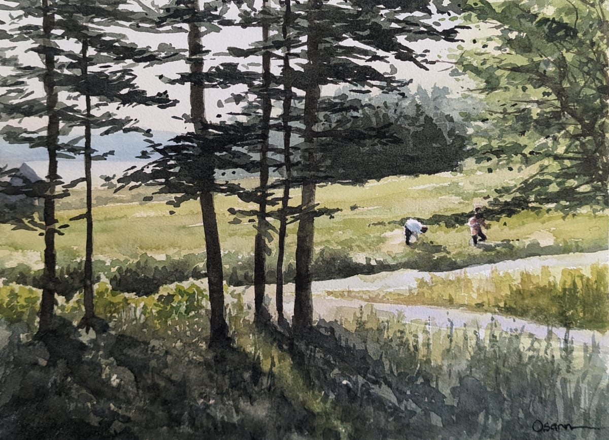 Picking Berries by Rick Osann Art  Image: A couple picks blueberries in the sun.