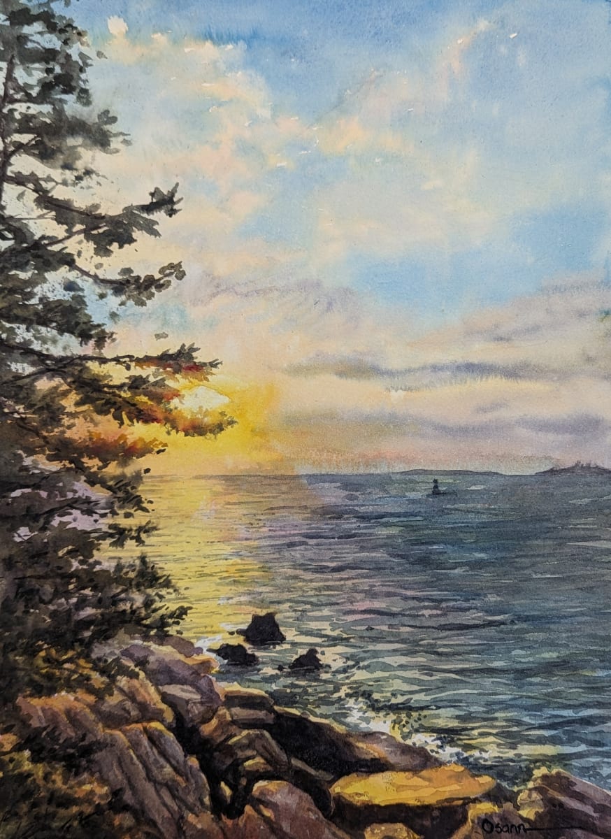 Shore Sunset by Rick Osann Art  Image: The late summer sun filters through the trees near Otter Point.