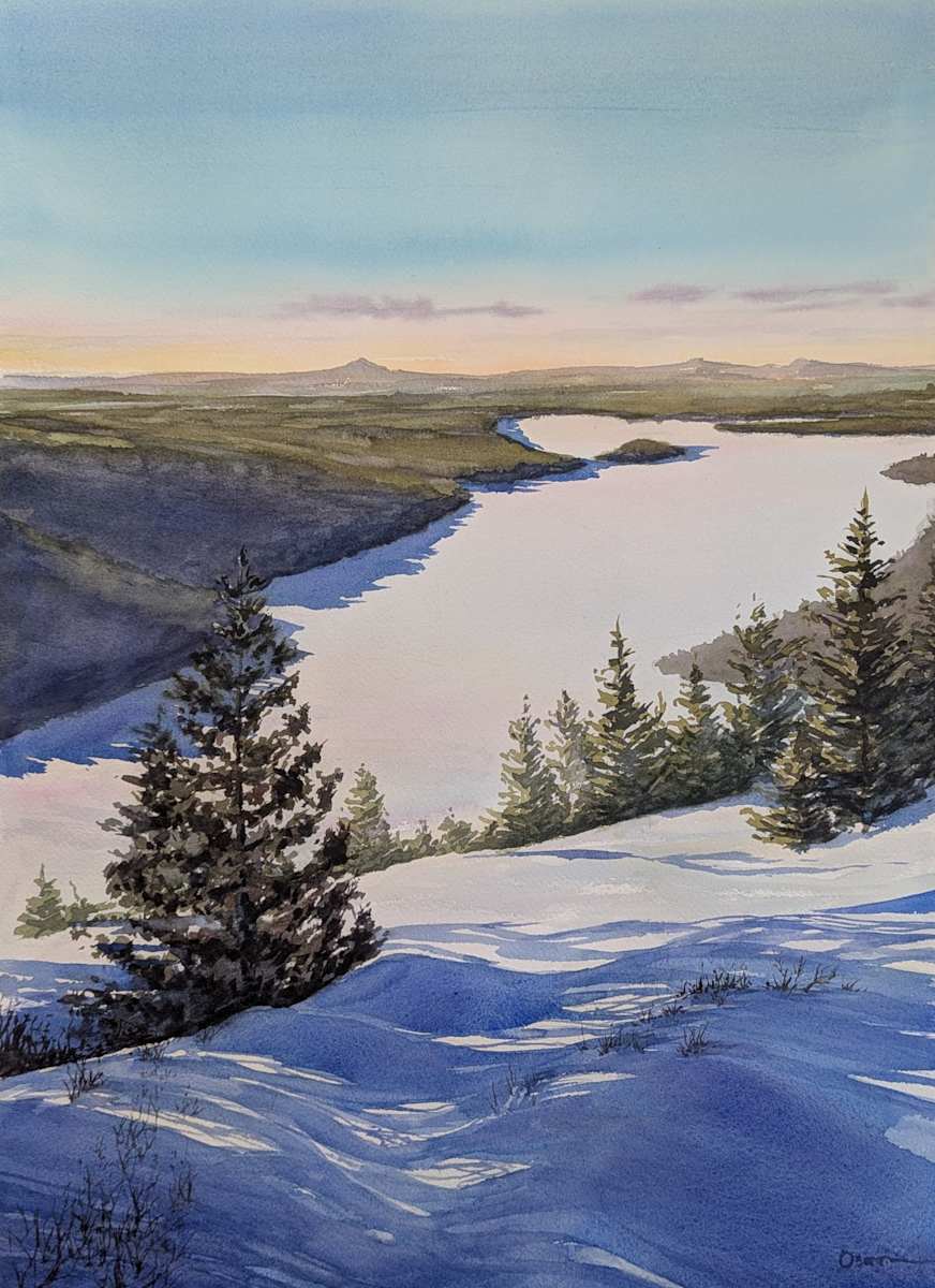 Clear and Crisp by Rick Osann Art  Image: Its a gloriously sunny day with brilliant blue shadows overlooking Long Lake from Beech Mountain.