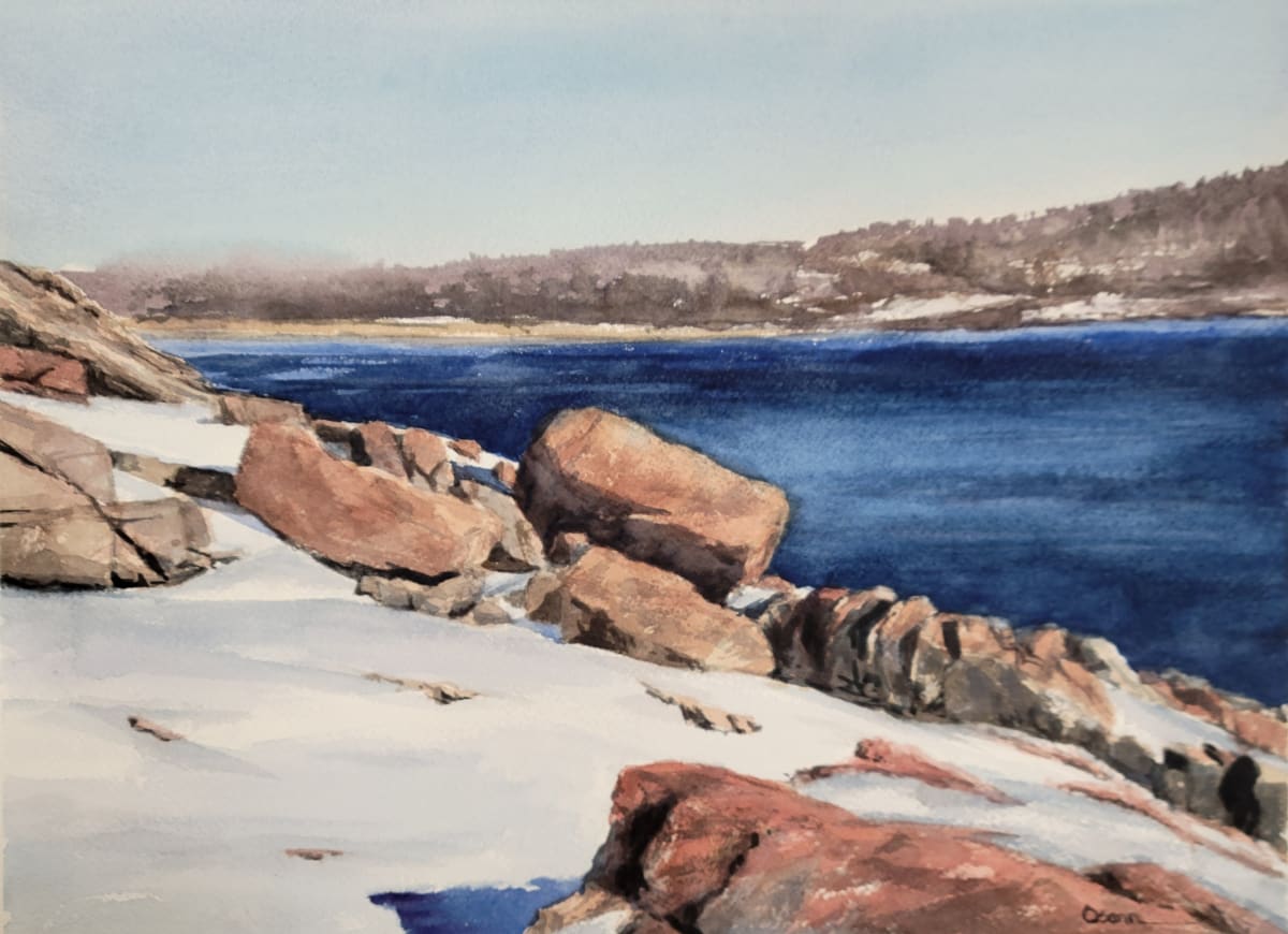 Snow on the Ledge by Rick Osann Art  Image: Snow highlights the rocks on a sunny winter day along Ocean Drive