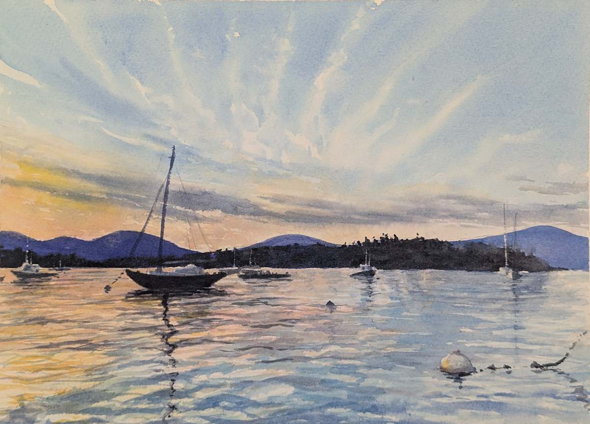 Solo Sunset by Rick Osann Art  Image: A solo sailboat rests at anchor under a beautiful summer sunset (from a photo by Maureen Fournier).
