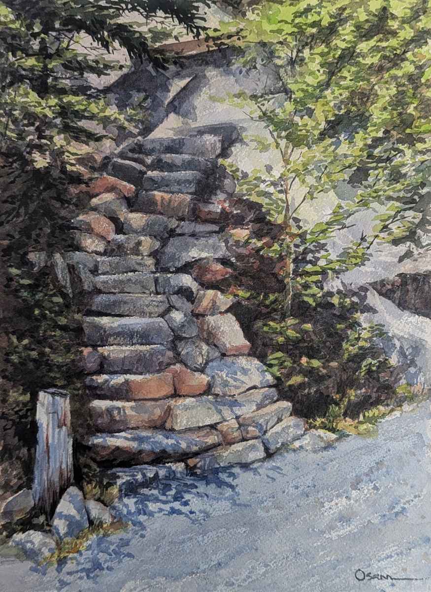 Spring Trail Steps by Rick Osann Art  Image: Dappled sunlight shines across the Spring Trail steps at the trail head.