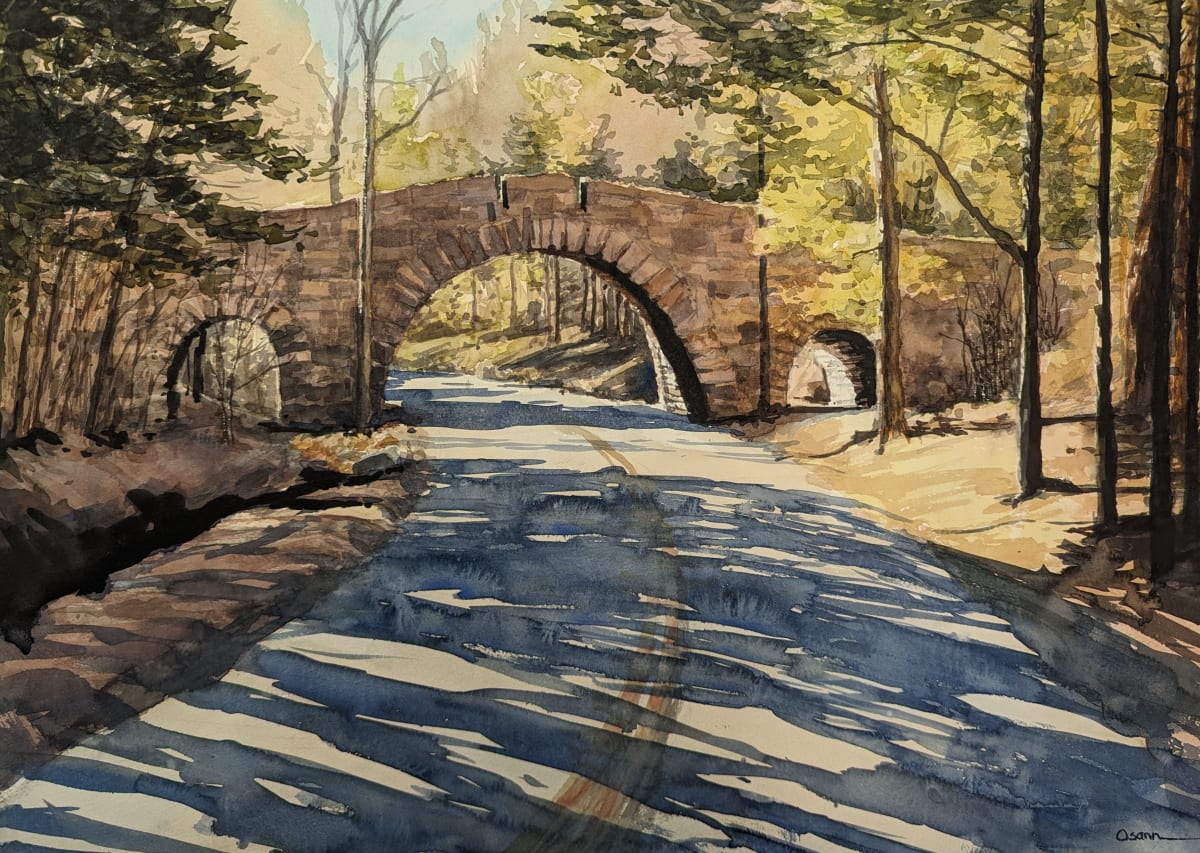 Stanley Brook Shadows by Rick Osann Art  Image: Sunlight in the background highlights the shadowed bridge over the Stanley Brook park entrance.
