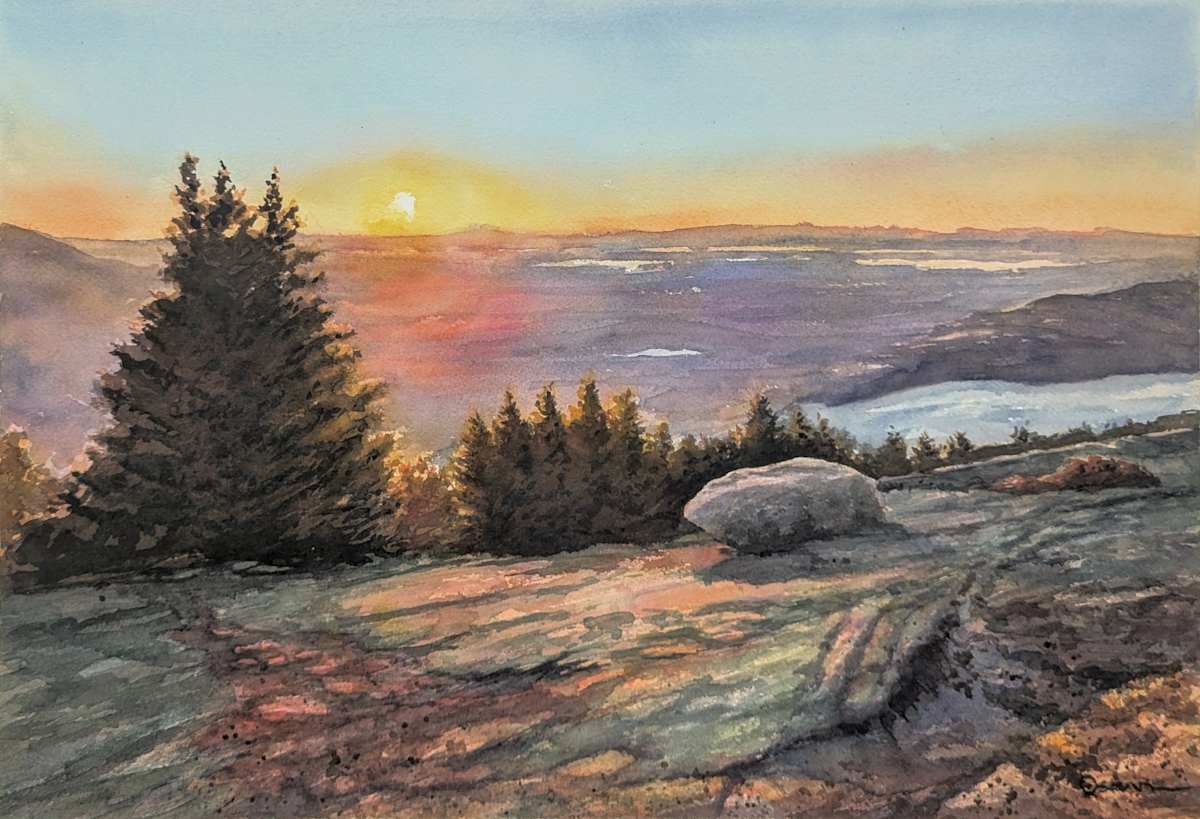 Sunset Glow by Rick Osann Art  Image: The sunset casts a warm glow across the ledge.