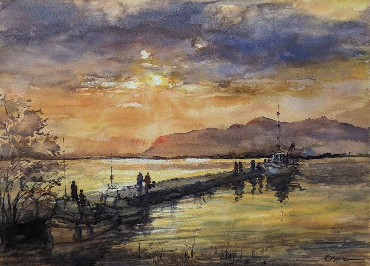 Sunset at the Dock, Sicily by Rick Osann Art  Image: The sun sets over a tourist wharf near Marsala, Sicily.