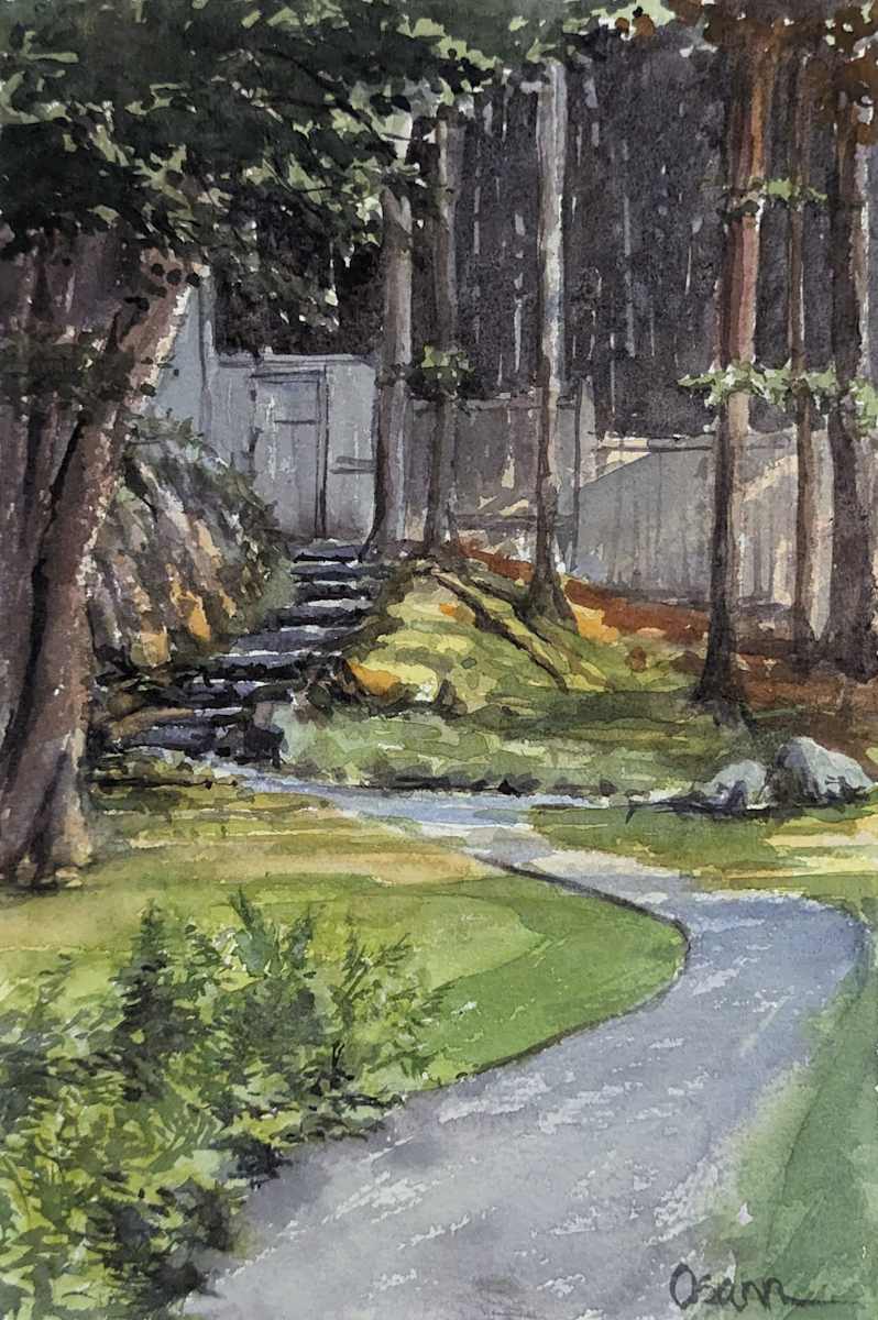 The Back Gate by Rick Osann Art  Image: Late afternoon sun glistens by a back gate to Thuya Gardens.