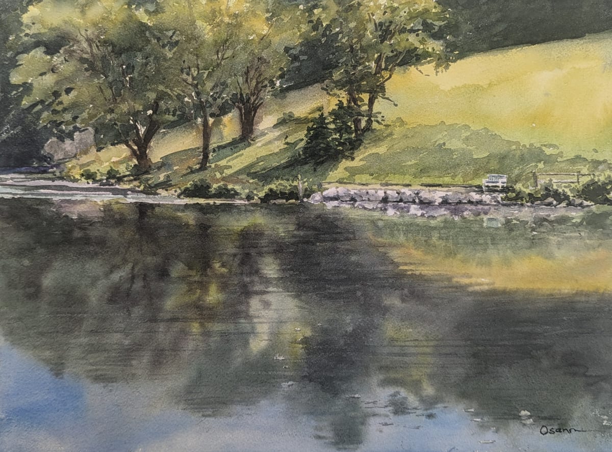 The Bench Across the Pond by Rick Osann Art  Image: The water of Little Long Pond reflects the view to the bench across the way.