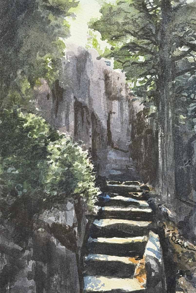 Under the Ledge by Rick Osann Art  Image: A ray of sun highlights the trail steps in the shadows beneath the ledge.