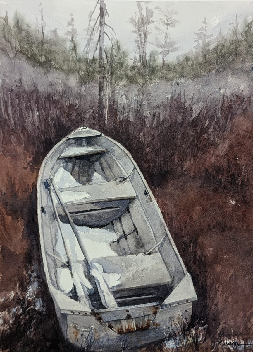 Waiting for Spring by Rick Osann Art  Image: A lone rowboat gathers snow while it rests in the brush beside the pond, waiting for spring.