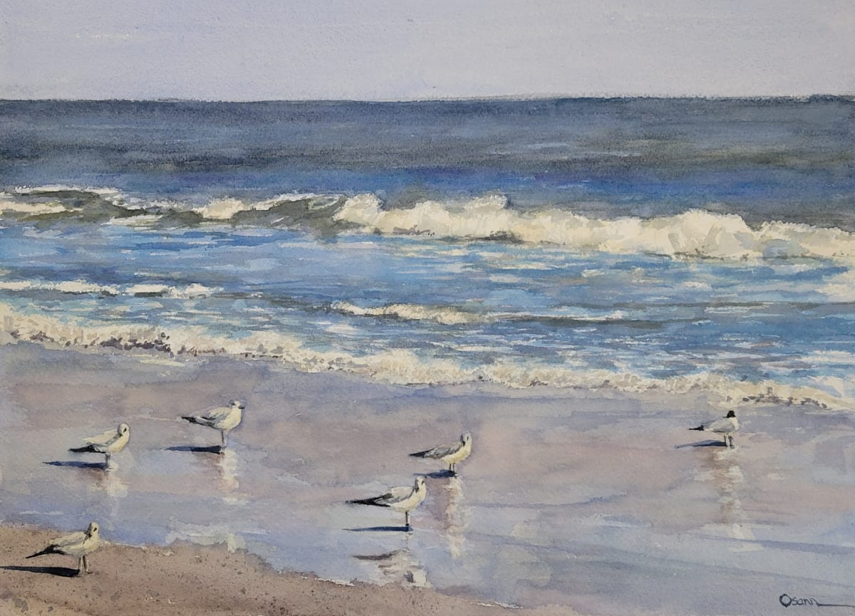 Watching by Rick Osann Art  Image: The beach birds warily watch the artist