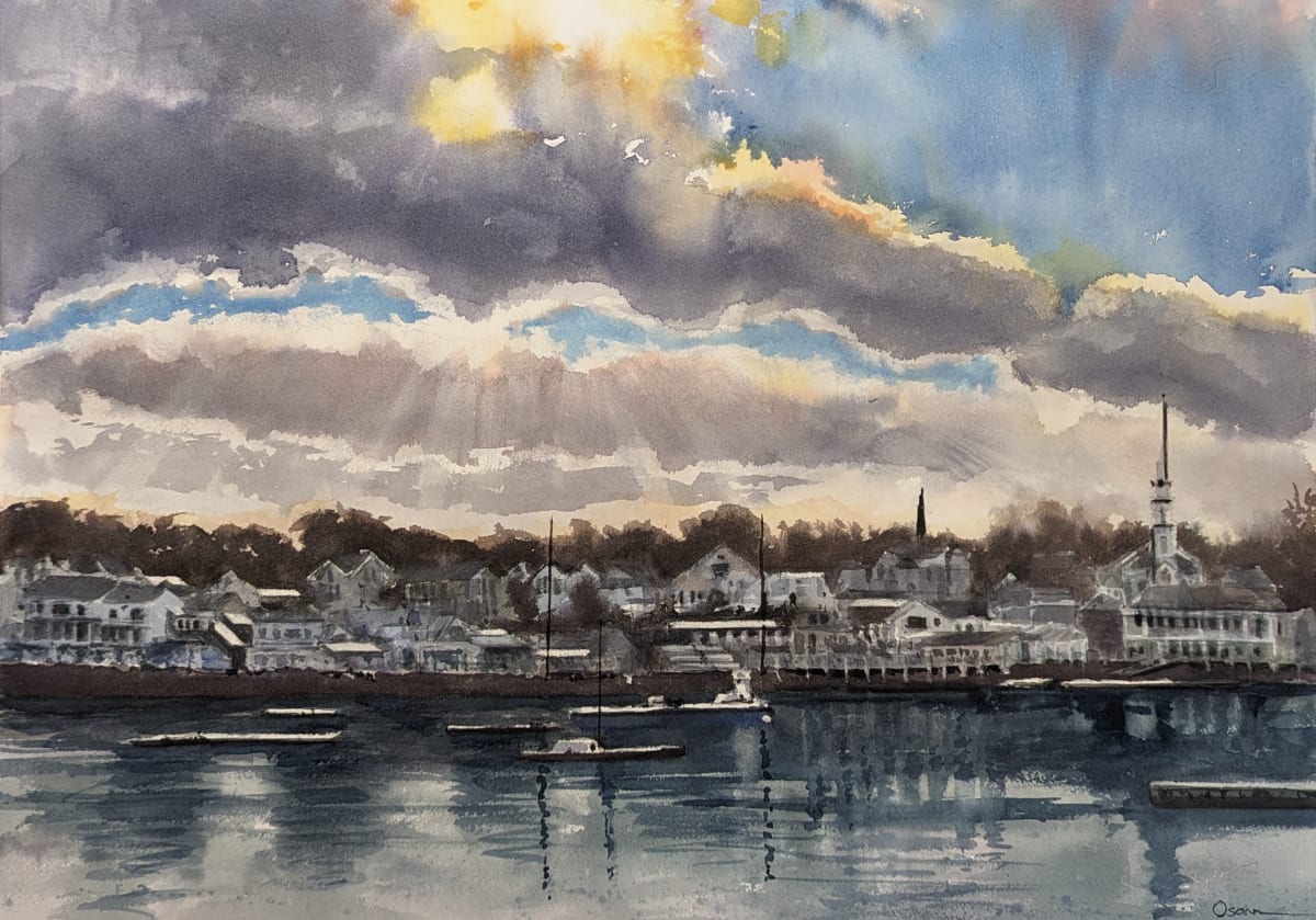 Winter Sky, Camden Harbor by Rick Osann Art  Image: The winter sun bursts through the clouds on an icy, winter day over Camden Harbor, ME.
